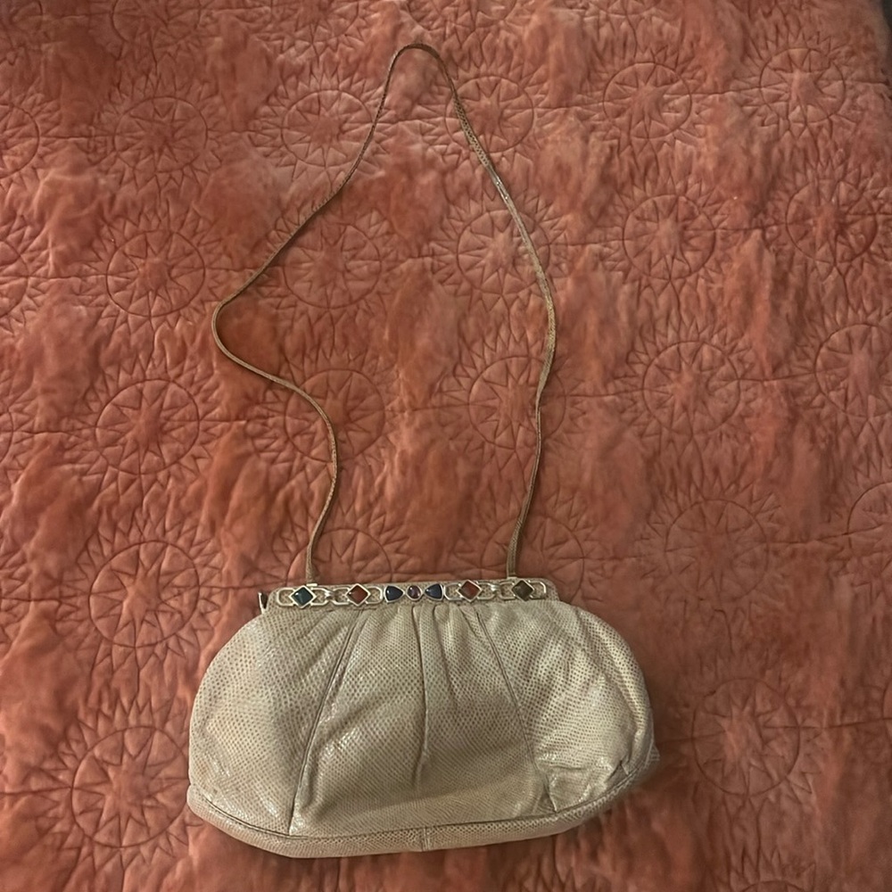 Judith Lieber tan snakeskin clutch w/ strap
